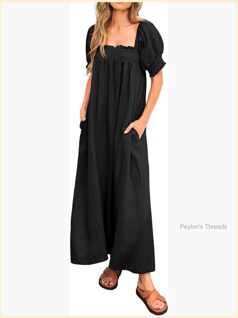 Square Neck Puff Sleeve Maxi Dress With Pockets Loose Fit Maternity